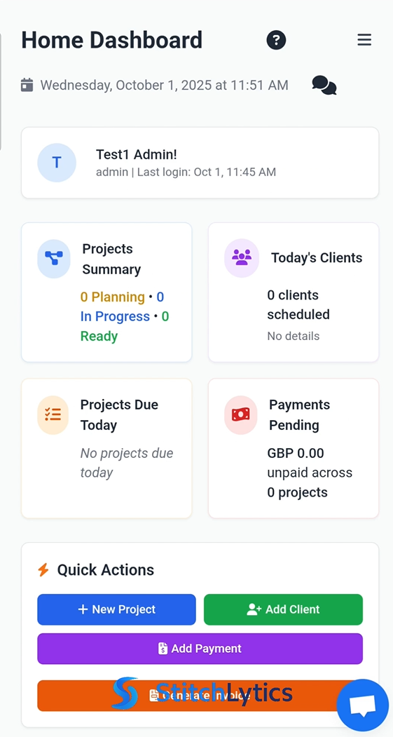 Home dashboard showing projects, clients, and quick actions