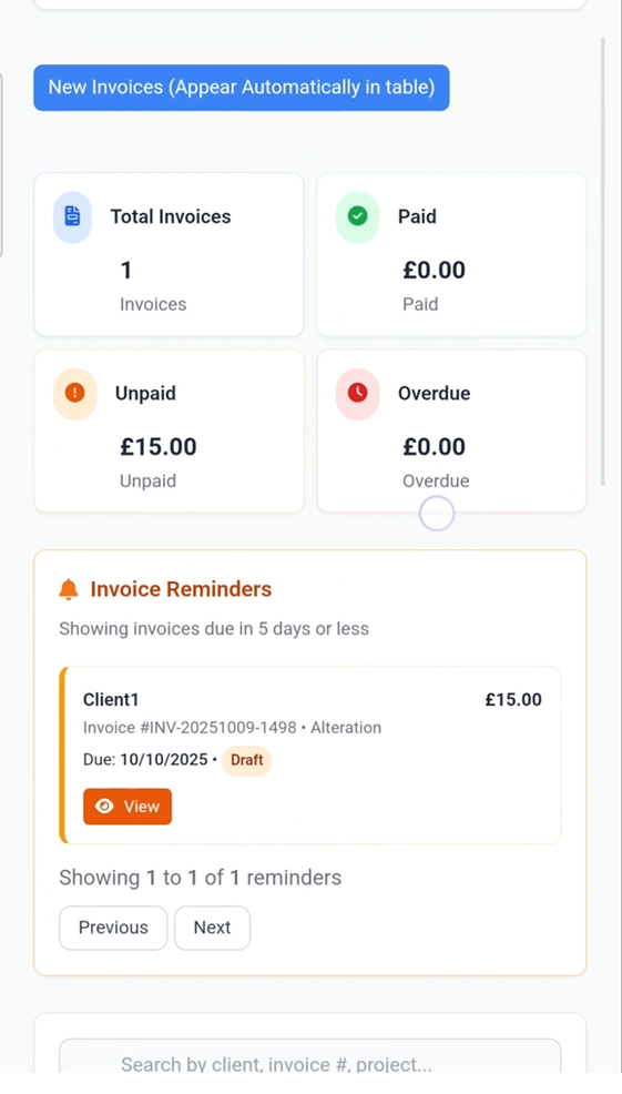 Invoices dashboard showing paid, unpaid, overdue, and reminders