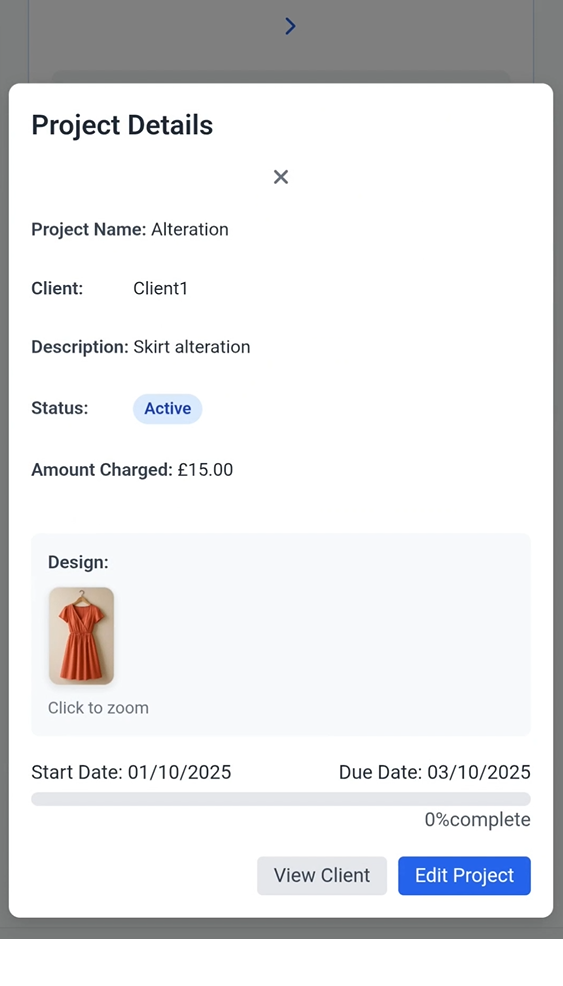 Project details view showing status, due date, and design reference