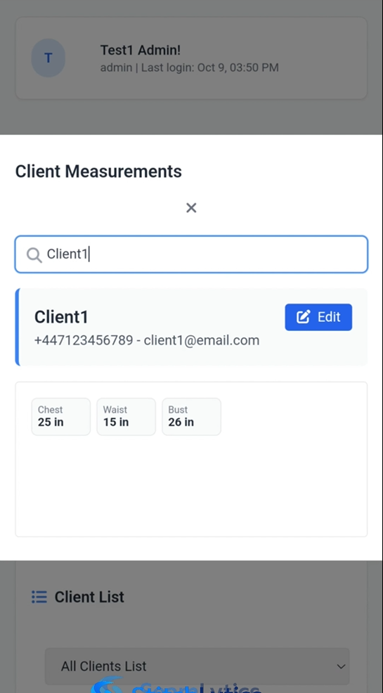 Client measurements screen with editable measurement fields